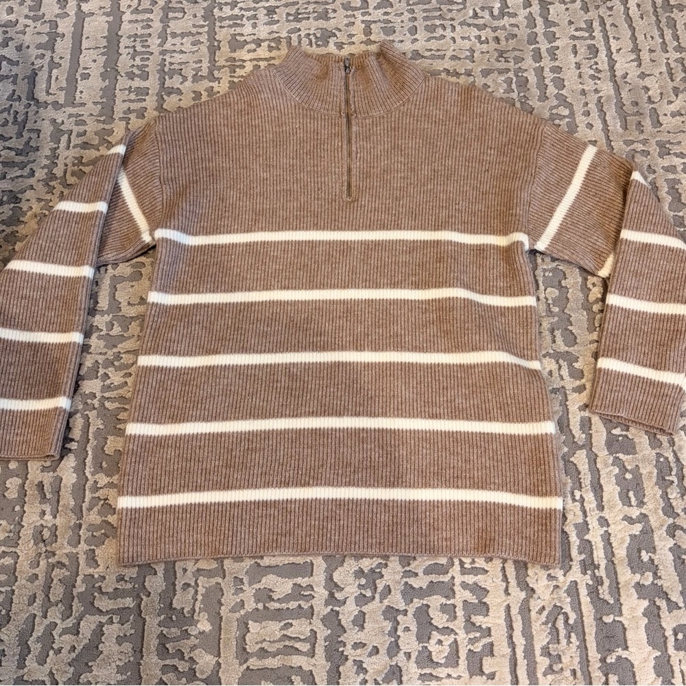 Men's Brown and White Striped Zip-Up Sweater